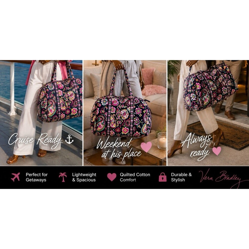 Vera Bradley Large Duffel Travel Bag Green Pink Paisley Floral Quilted Weekender
